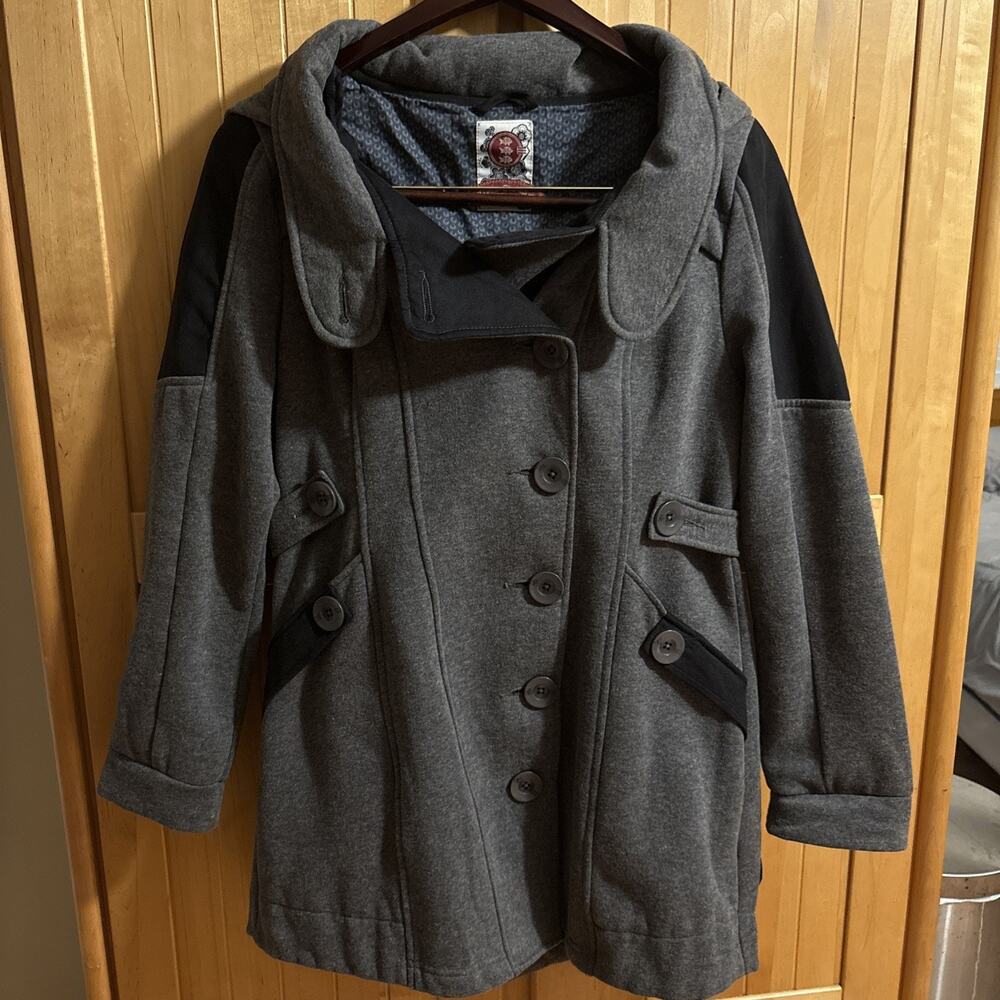 Three Stones Women's Grey Long Trench Coat Size [M] Leather Trim Excellent